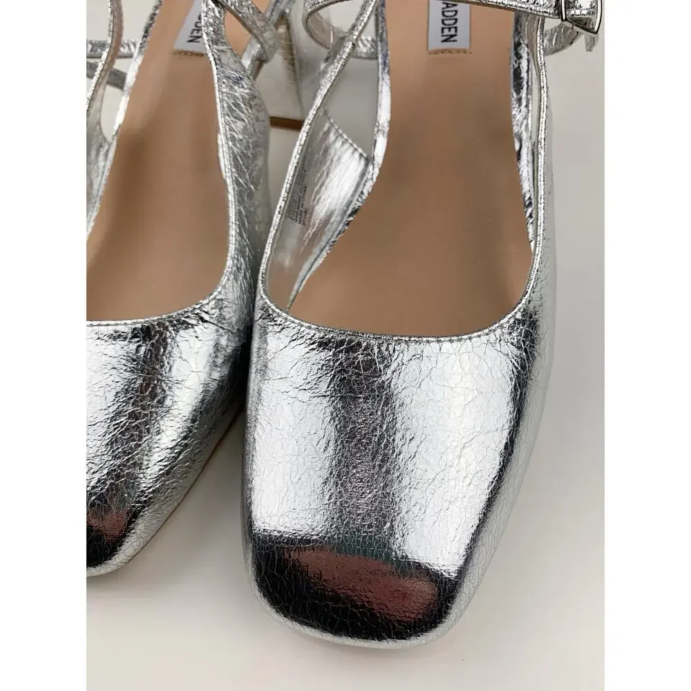 Steve Madden Emjay Block Heel Shoes Silver Slingback Pumps Women's 10 90s Y2K